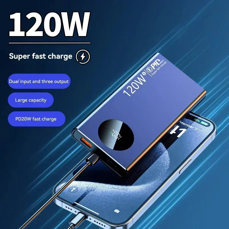 Lenovo 120W 500000mAh High Capacity Power Bank Fast Charging Powerbank Digital Display Portable Battery Charger For iPhone VIVO