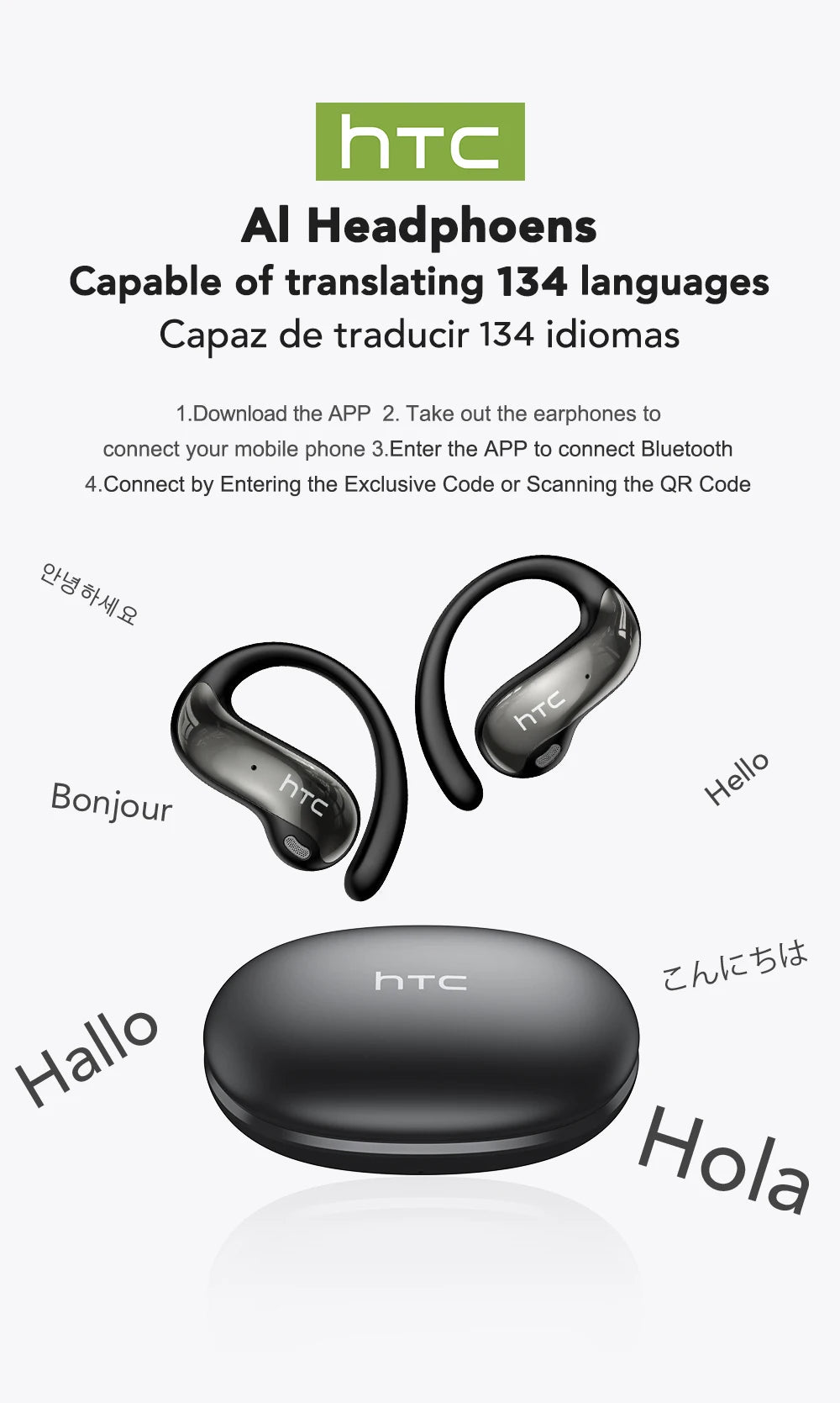 HTC NE19 Bluetooth Earphones AI OWS Sports Wireless Headphones with Mic Powerful Bass AI Translator Earbuds Waterproof Long Life