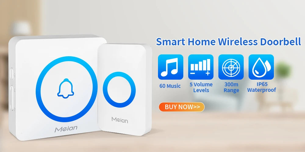 Meian-Smart Home Doorbell, Wireless Outdoor Doorbell, IP65 Waterproof Door Bell, 60 Songs, Smart Security Alarm, Door Bell Chime