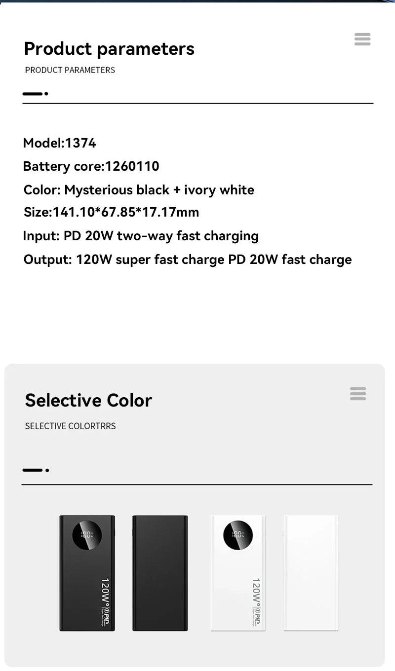 Lenovo 120W 500000mAh High Capacity Power Bank Fast Charging Powerbank Digital Display Portable Battery Charger For iPhone VIVO