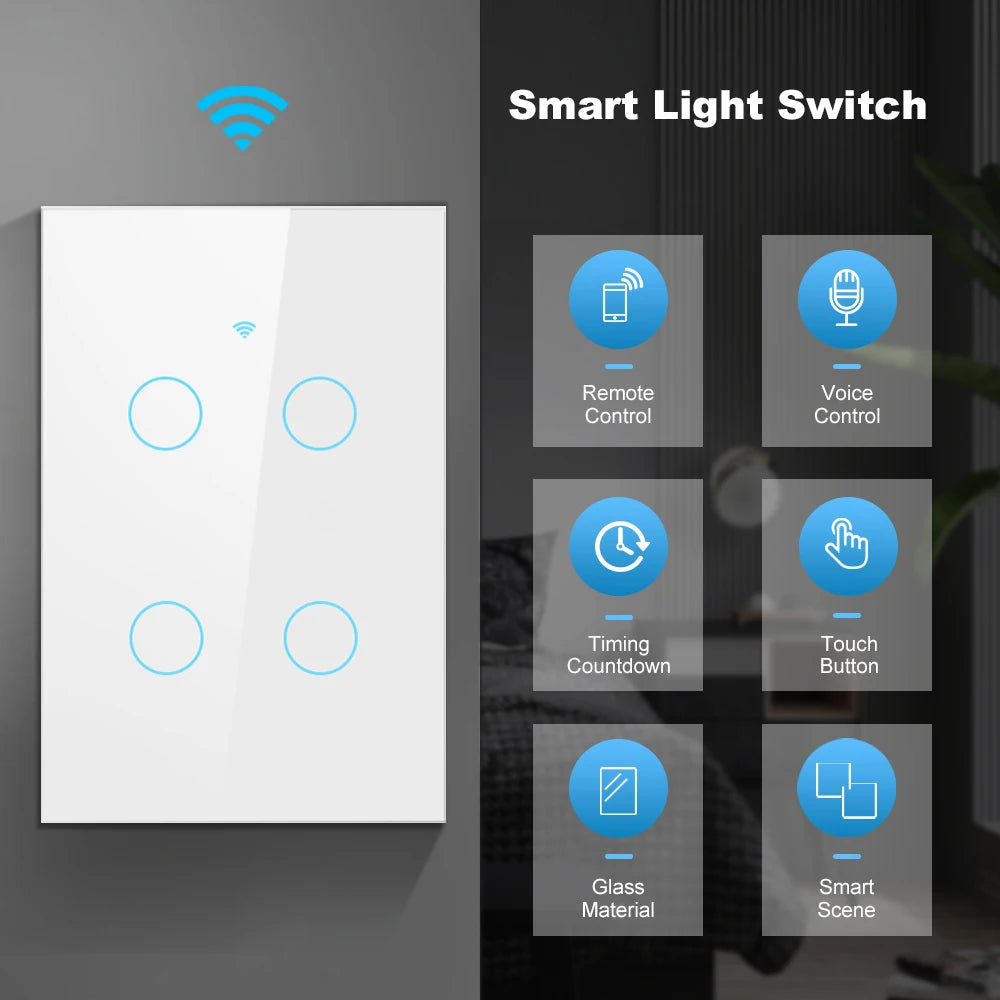 Smart Life Wifi+Bluetooth Touch Light Switch No Neutral Wire &Neutral Wire US Touch Panel Wall Switches Tuya Alexa Google Home