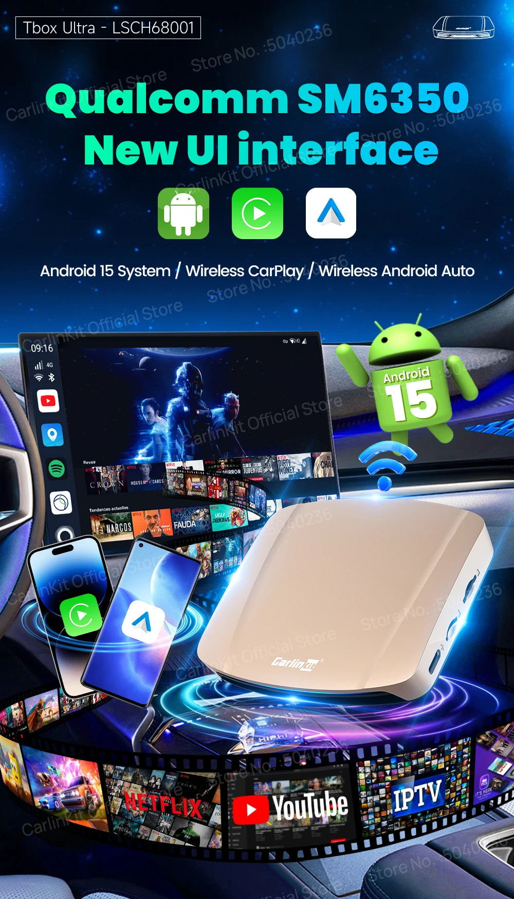 CarlinKit 8G+256G /128G Android 15 Ultra CarPlay TV Box For Netflix IPTV GPS Wireless CarPlay &Android Auto Smart Car Video Box