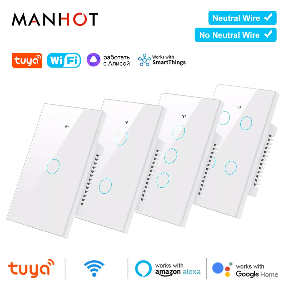 Smart Life Wifi+Bluetooth Touch Light Switch No Neutral Wire &Neutral Wire US Touch Panel Wall Switches Tuya Alexa Google Home