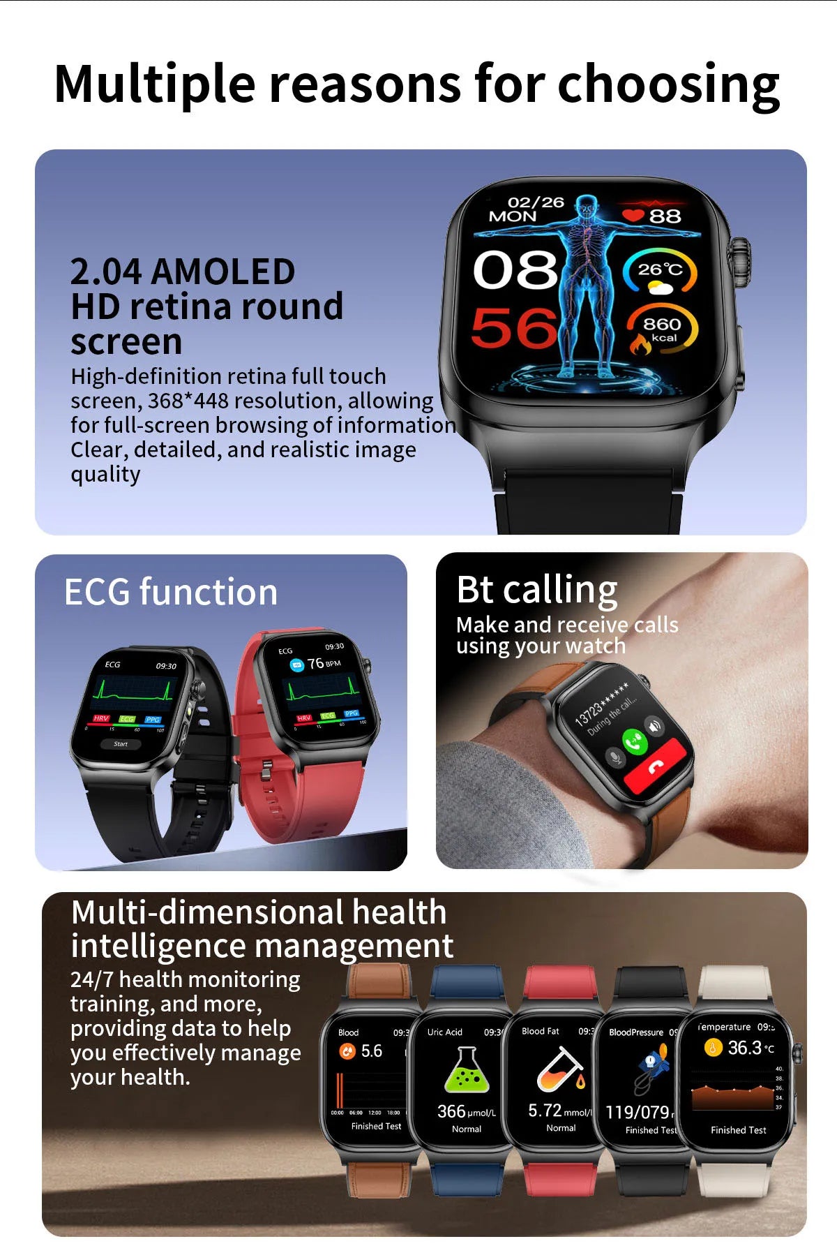 2025 New Smart Watches For man Health ECG+HRV Blood Oxygen Uric Acid Fitness Sport Tracker Watch body fat Sleep Call Smartwatch