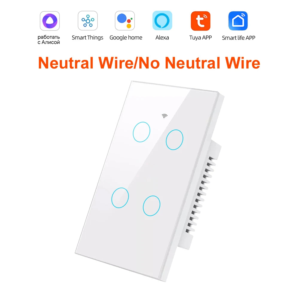 Smart Life Wifi+Bluetooth Touch Light Switch No Neutral Wire &Neutral Wire US Touch Panel Wall Switches Tuya Alexa Google Home