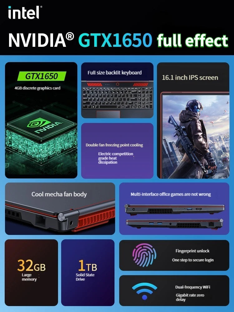 2025 New Gaming Laptop Computer Intel Core i9-10885H i7 8750H GTX1650 4G 16.1 Inch IPS Screen RAM Max 64GB 2*DDR4 2*M.2 NVMe