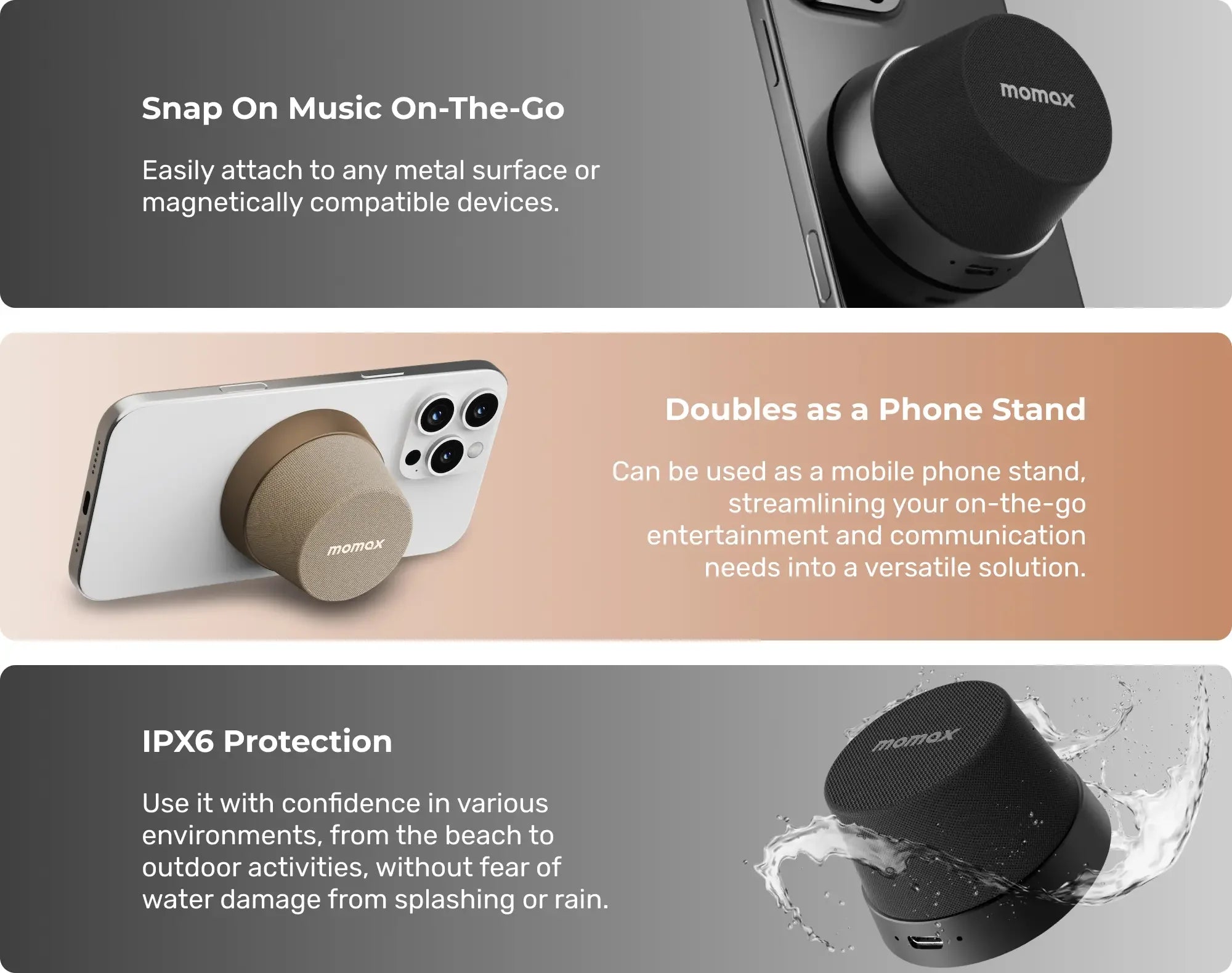 MOMAX 1-Vibe Go Magnetic Portable True Wireless Speaker Phone Stand IPX6 Waterproof Protection Long Play Time High Quality