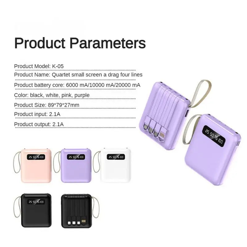 Mirror Screen Mini Fast Charge Large Capacity 20000 MAh Fast Charging Power Bank Sharing With Cable Mobile Power Supply