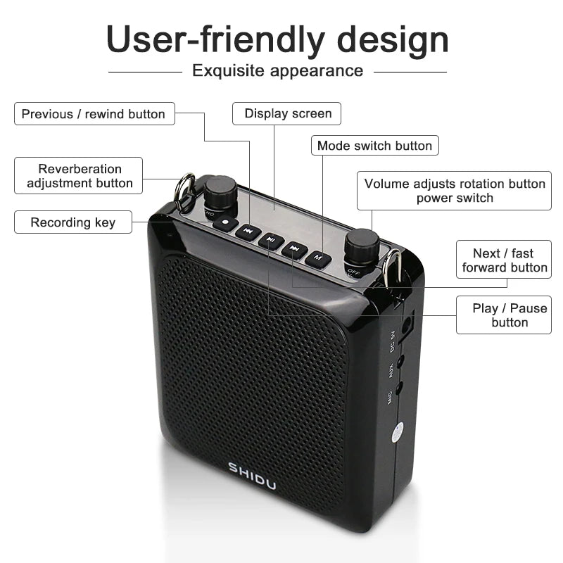 SHIDU 25W Portable Bluetooth Wireless Voice Amplifier for Teacher with UHF Microphone AUX HiFi Recording Mini Echo Audio Speaker