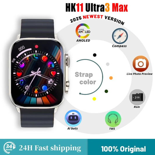 HK11 Ultra 3 Smart Watch Amoled Screen 2GB AI Translate Local Album Music  Sports Watch Men's Smart Watch HK10 Ultra3max Upgrade