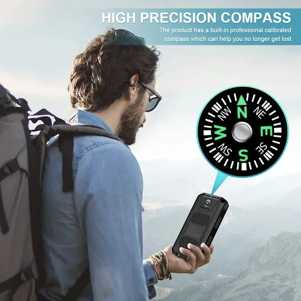 Real Capacity 200000mAh  Large Capacity Solar Power Bank New Portable With Lanyard Compass External Battery Outdoor Camping