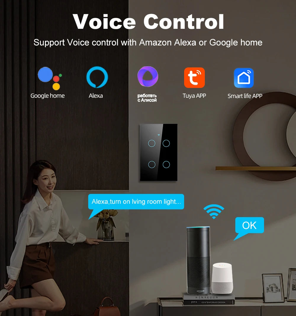 Smart Life Wifi+Bluetooth Touch Light Switch No Neutral Wire &Neutral Wire US Touch Panel Wall Switches Tuya Alexa Google Home