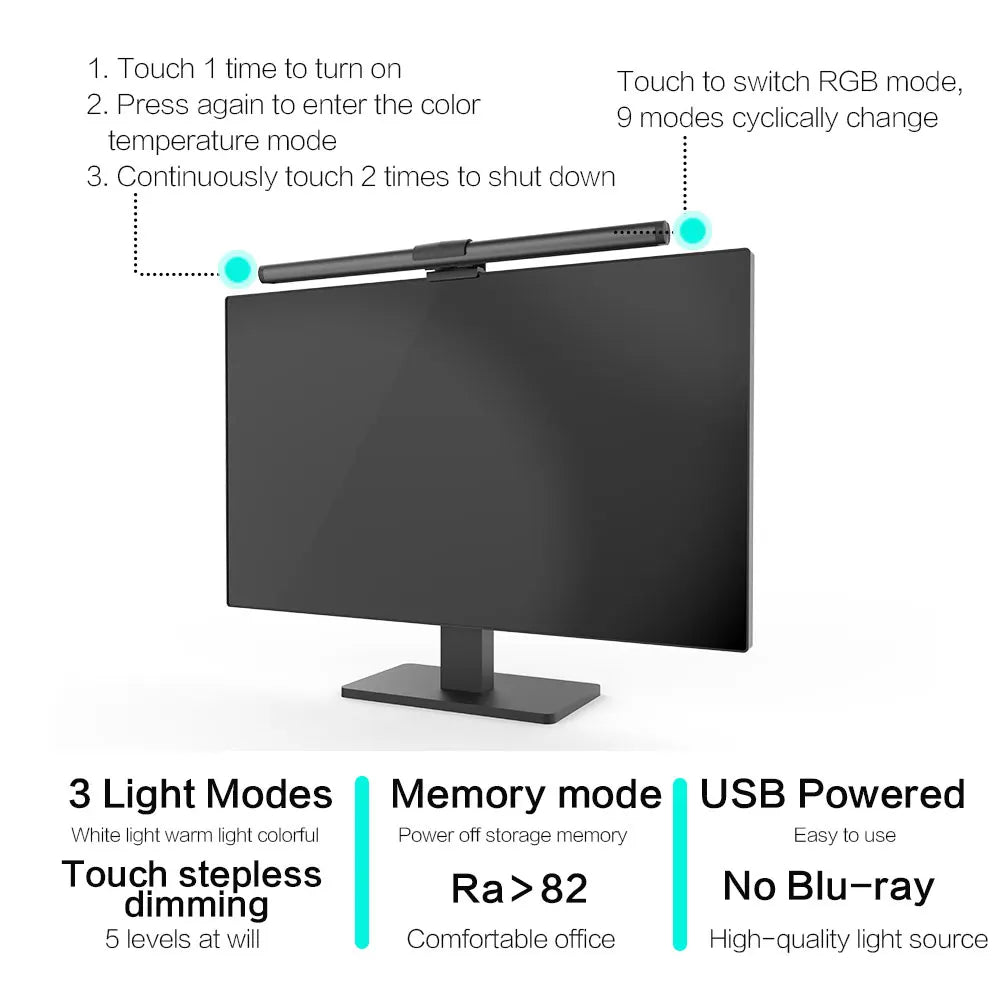 Monitor Light Bar LED Computer Screen Hanging Lights RGB Atmosphere Table Lamp for Work Study Read Gaming Stepless Dimmable
