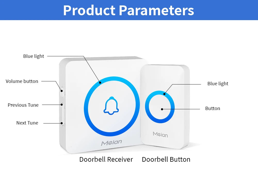 Meian-Smart Home Doorbell, Wireless Outdoor Doorbell, IP65 Waterproof Door Bell, 60 Songs, Smart Security Alarm, Door Bell Chime