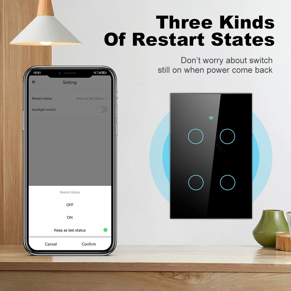 Smart Life Wifi+Bluetooth Touch Light Switch No Neutral Wire &Neutral Wire US Touch Panel Wall Switches Tuya Alexa Google Home