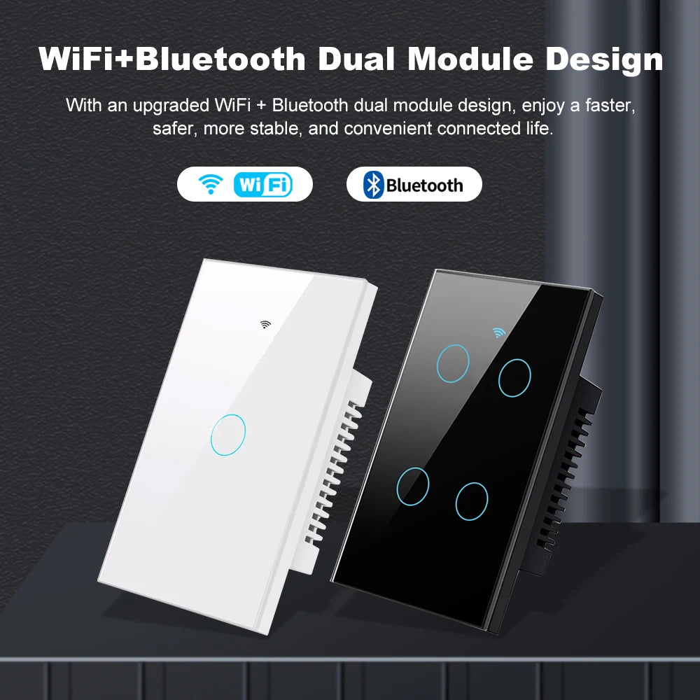 Smart Life Wifi+Bluetooth Touch Light Switch No Neutral Wire &Neutral Wire US Touch Panel Wall Switches Tuya Alexa Google Home
