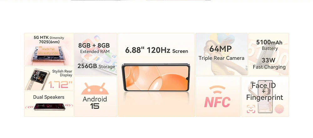 NEW Cubot X100 Android 15 Smartphone Dimensity 7025 5G 1.72" Rear Display 64MP Main Camera 5100mAh Battery 33W Fast Charging NFC