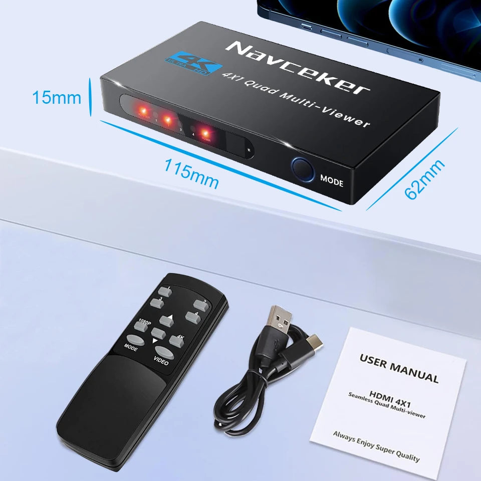 4K HDMI Quad Screen Multiviewer 4x1 1080P 4 in 1 out HDMI Multi Viewer Seamless Switcher 9 Display Modes for Camera Laptop PC TV