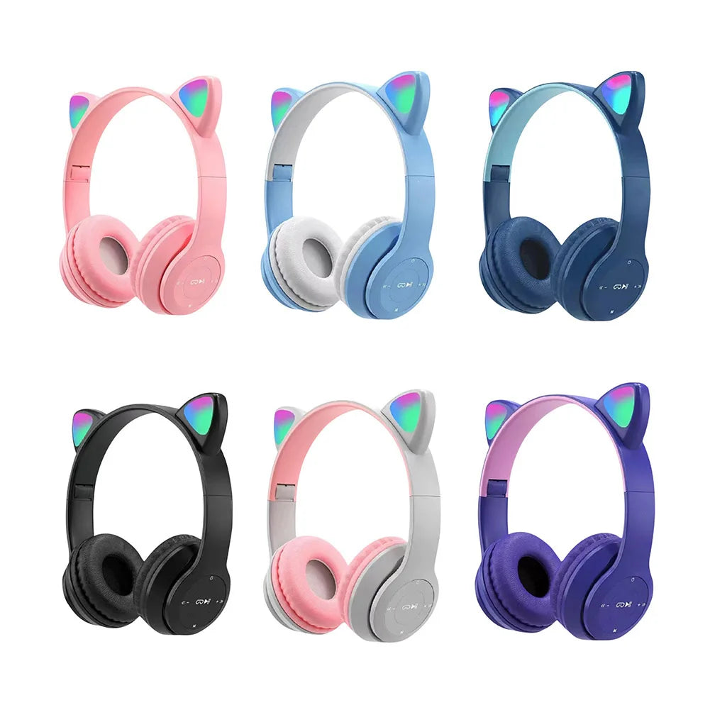 Over-Ear Headsets Cute Sports Headphones Wireless Headphones Cat Ear Bluetooth-Compatible Helmets Stereo Bass for Kids and Adult