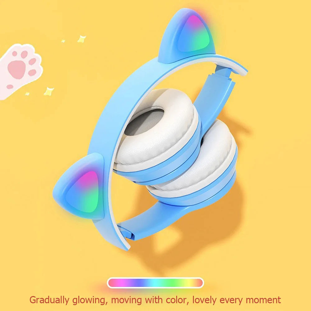 Over-Ear Headsets Cute Sports Headphones Wireless Headphones Cat Ear Bluetooth-Compatible Helmets Stereo Bass for Kids and Adult