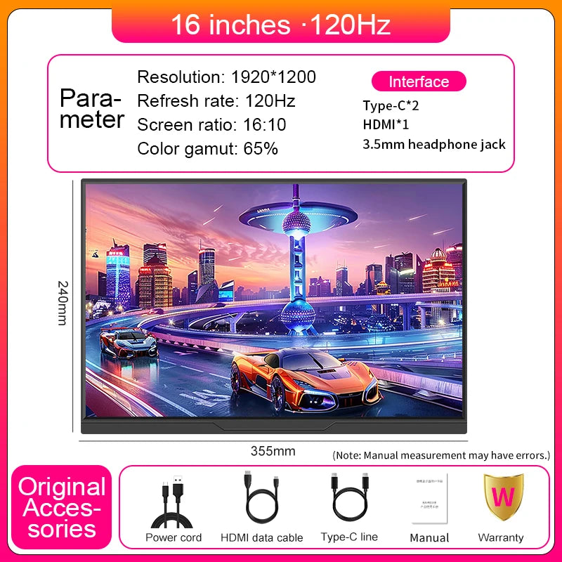 LANLIPU 16inch 120Hz 100%sRGB 1920*1200 IPS VESA Portable Monitor for Xbox/PS4/5/Switch/ Cell Phones/PC/MAC Extention Display