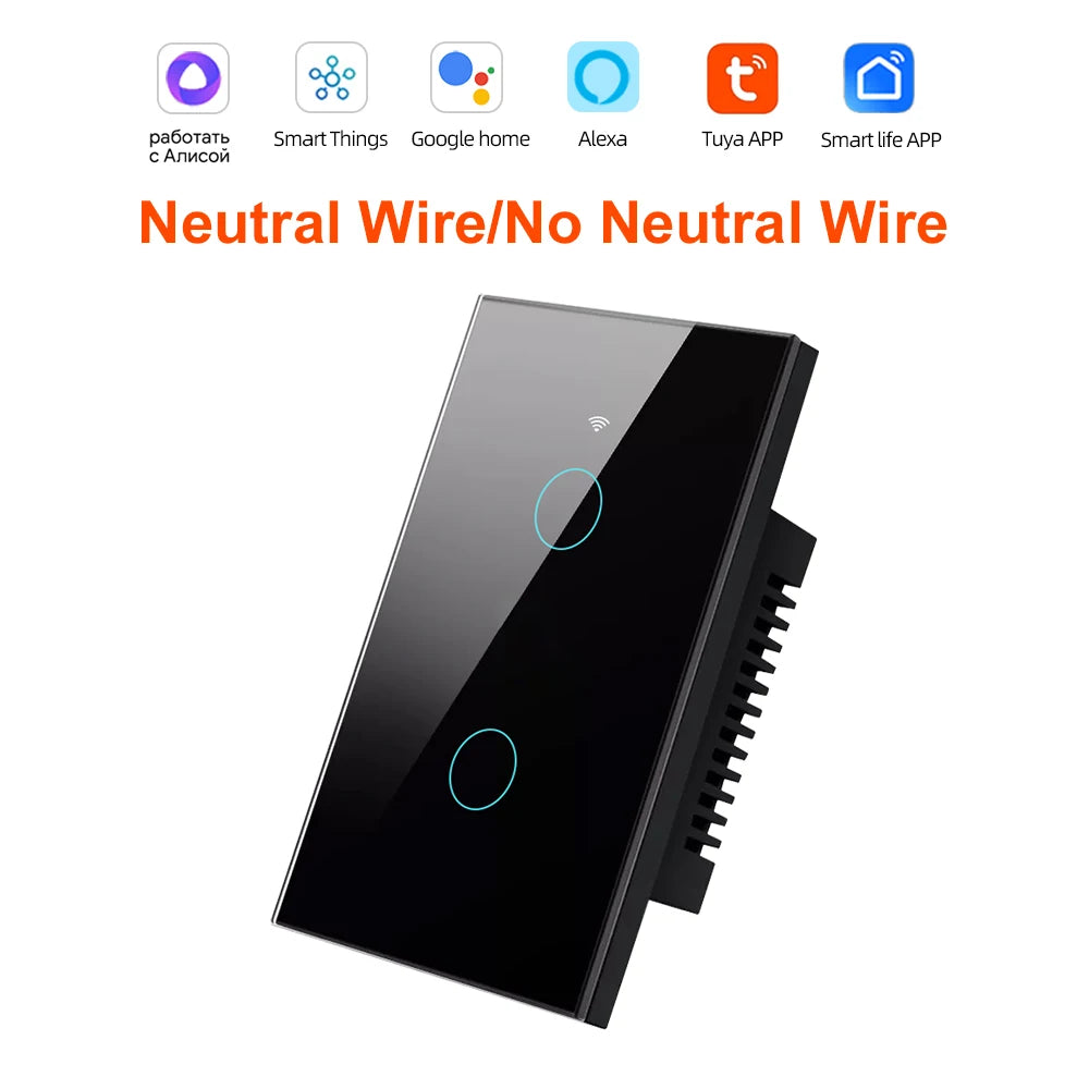 Smart Life Wifi+Bluetooth Touch Light Switch No Neutral Wire &Neutral Wire US Touch Panel Wall Switches Tuya Alexa Google Home
