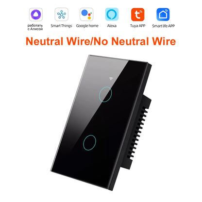 Smart Life Wifi+Bluetooth Touch Light Switch No Neutral Wire &Neutral Wire US Touch Panel Wall Switches Tuya Alexa Google Home