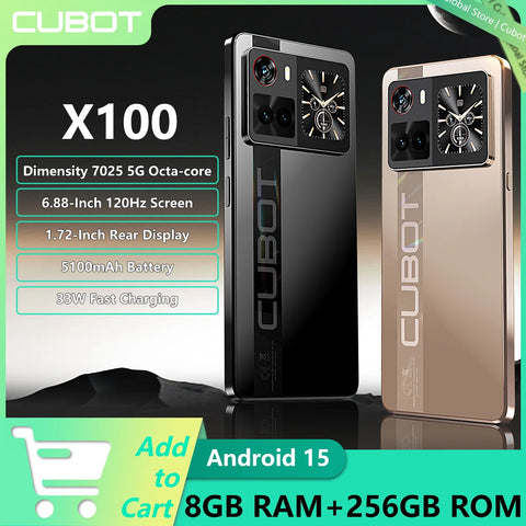 NEW Cubot X100 Android 15 Smartphone Dimensity 7025 5G 1.72" Rear Display 64MP Main Camera 5100mAh Battery 33W Fast Charging NFC