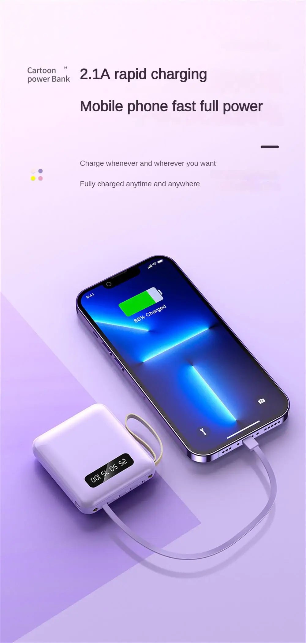Mirror Screen Mini Fast Charge Large Capacity 20000 MAh Fast Charging Power Bank Sharing With Cable Mobile Power Supply