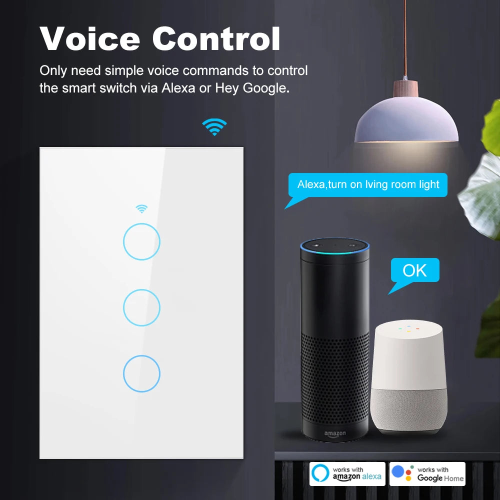 Smart Life Wifi+Bluetooth Touch Light Switch No Neutral Wire &Neutral Wire US Touch Panel Wall Switches Tuya Alexa Google Home