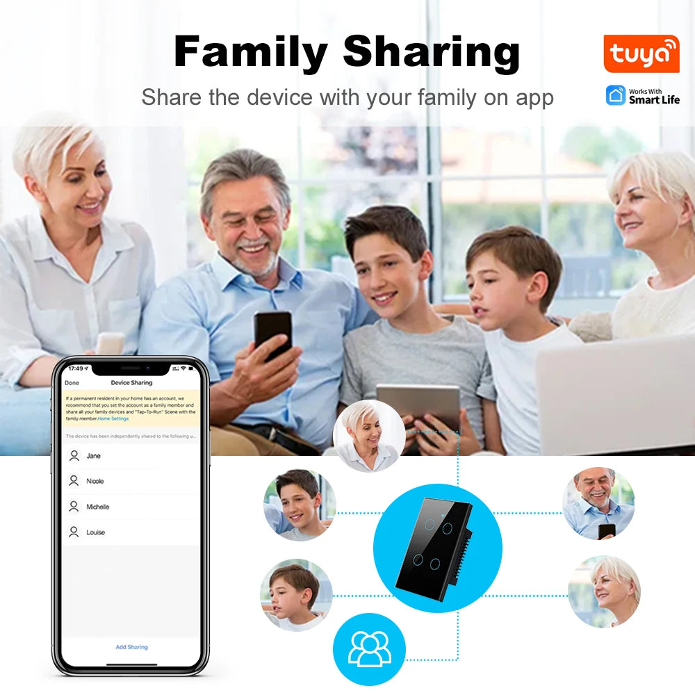 Smart Life Wifi+Bluetooth Touch Light Switch No Neutral Wire &Neutral Wire US Touch Panel Wall Switches Tuya Alexa Google Home