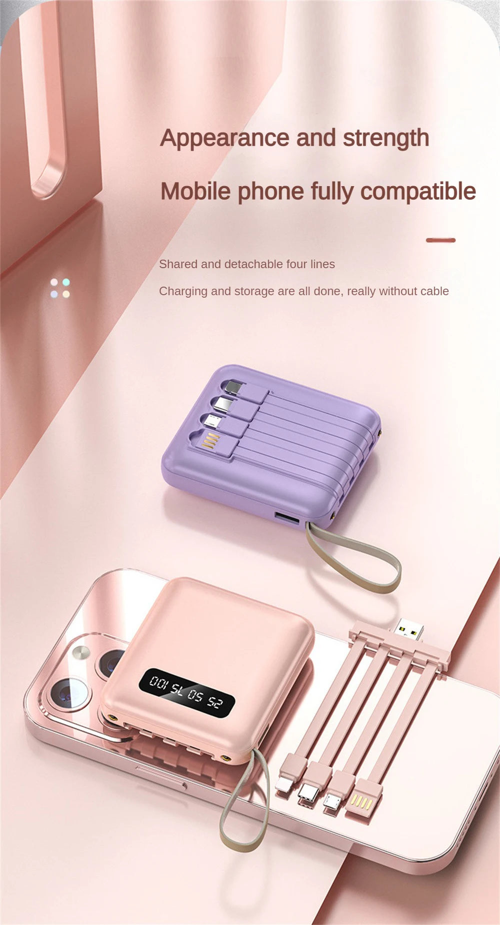 Mirror Screen Mini Fast Charge Large Capacity 20000 MAh Fast Charging Power Bank Sharing With Cable Mobile Power Supply