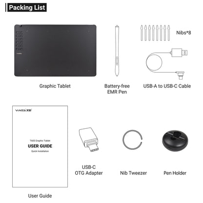 VINSA T1161 Graphics Drawing Tablet Ultra-thin Art Creation Sketch with Battery-free Stylus 8 Pen Nibs 8192 Levels Pressure
