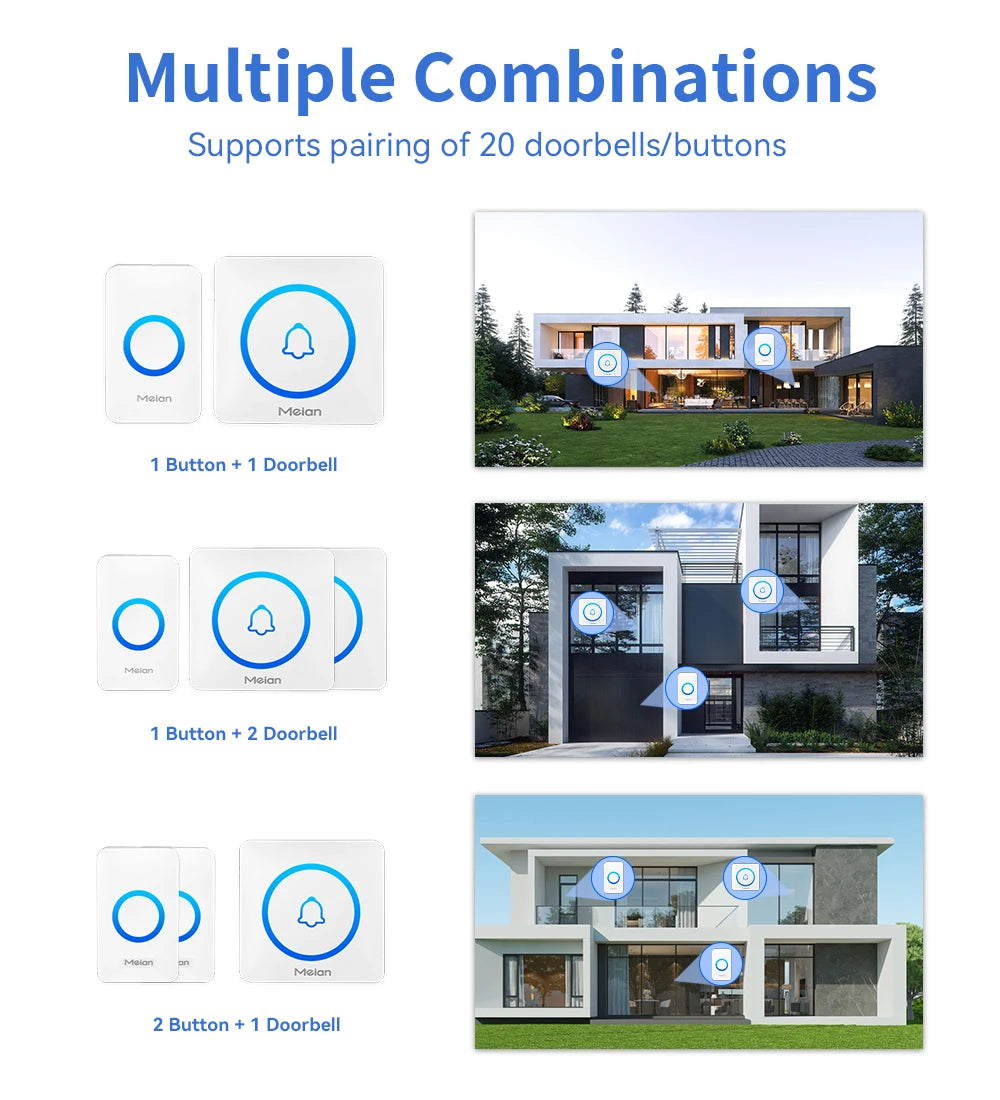 Meian-Smart Home Doorbell, Wireless Outdoor Doorbell, IP65 Waterproof Door Bell, 60 Songs, Smart Security Alarm, Door Bell Chime