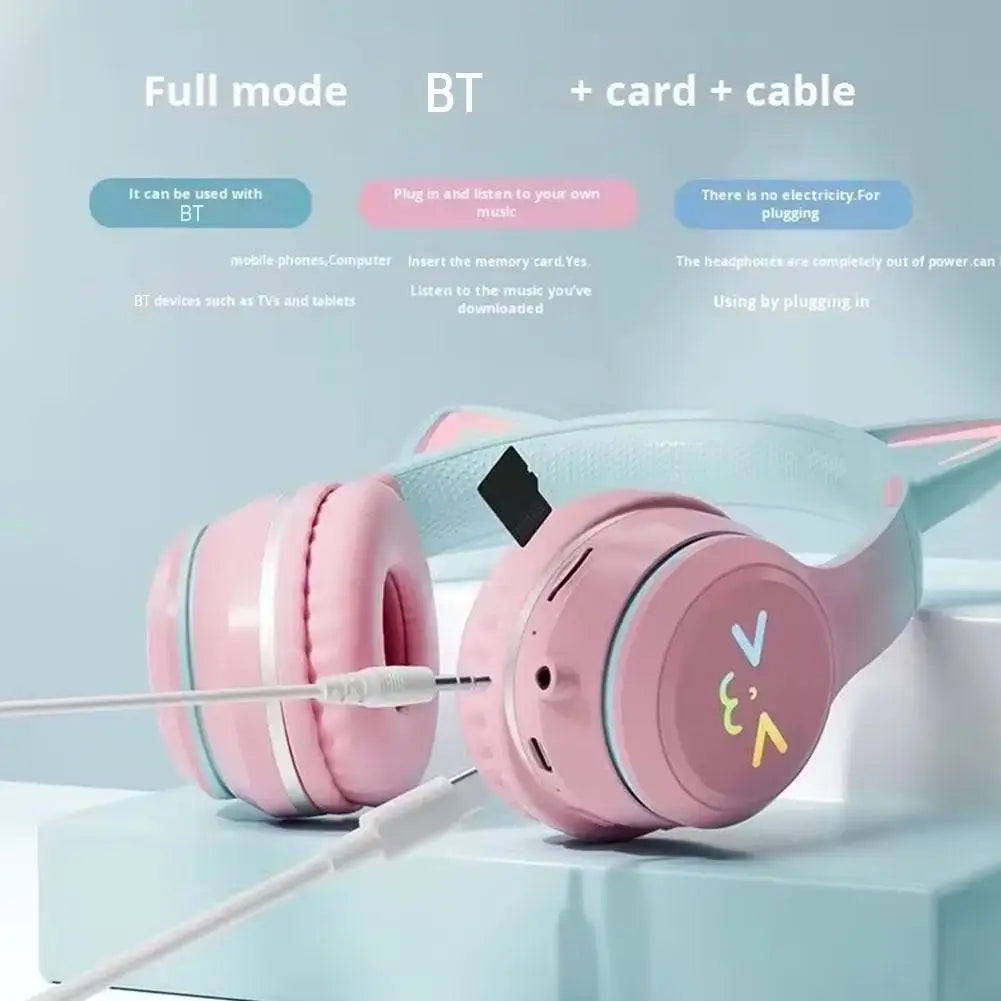 Wireless Headphones Cat Ear Gaming Headset Glow Light Bluetooth-Compatible Helmets Cute Over-Ear Headsets For Kids And Adult