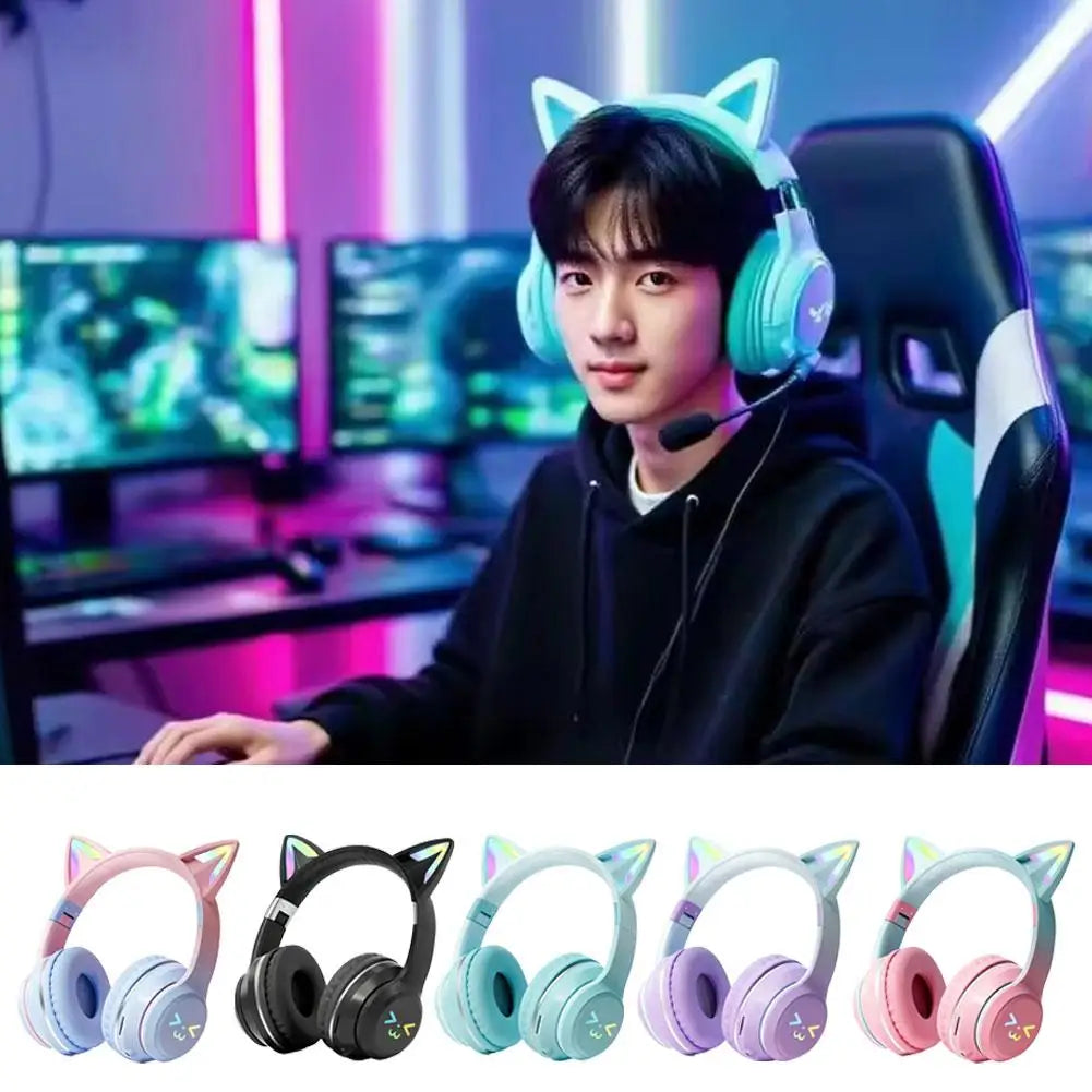 Wireless Headphones Cat Ear Gaming Headset Glow Light Bluetooth-Compatible Helmets Cute Over-Ear Headsets For Kids And Adult