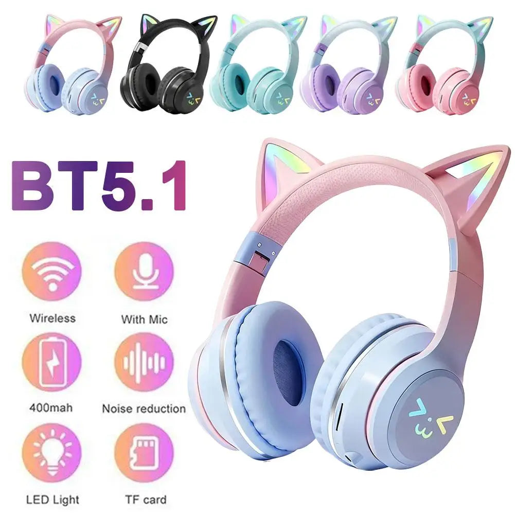 Wireless Headphones Cat Ear Gaming Headset Glow Light Bluetooth-Compatible Helmets Cute Over-Ear Headsets For Kids And Adult