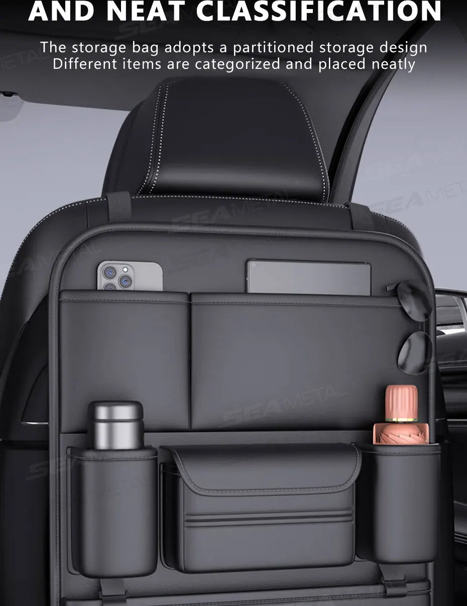 SEAMETAL 6-Pocket Car Seat Back Storage Bag Wear-Resistant Car Backseat Organizer Tissue/Cup Holder Waterproof Anti-Kick Pad