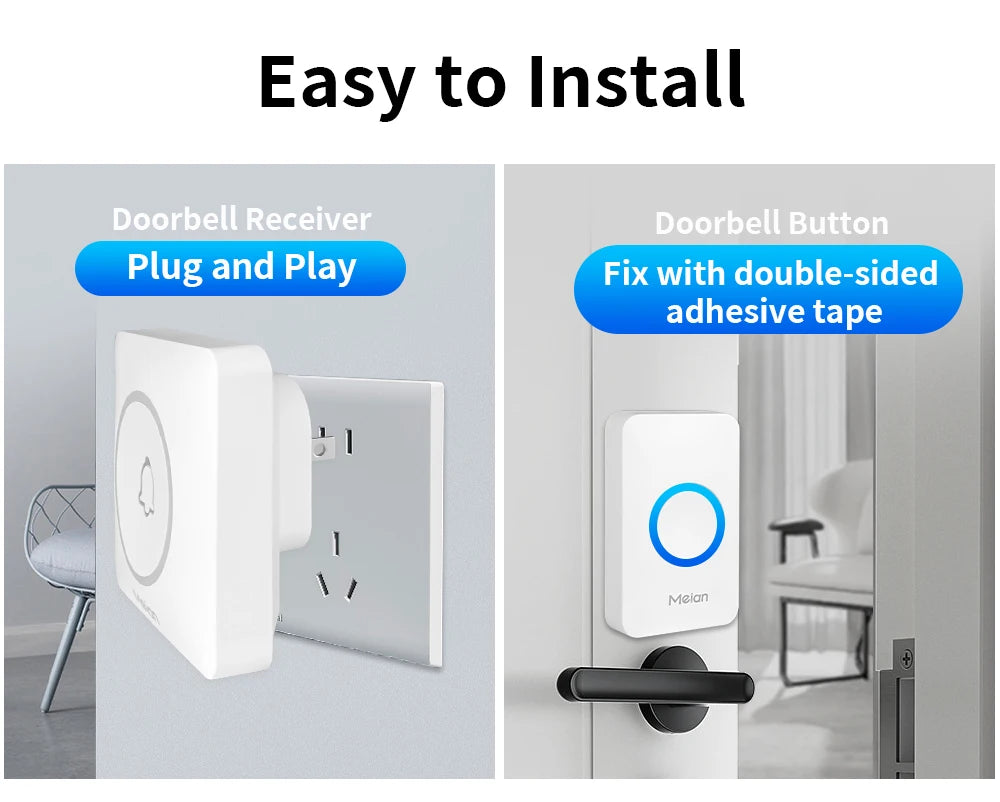 Meian-Smart Home Doorbell, Wireless Outdoor Doorbell, IP65 Waterproof Door Bell, 60 Songs, Smart Security Alarm, Door Bell Chime