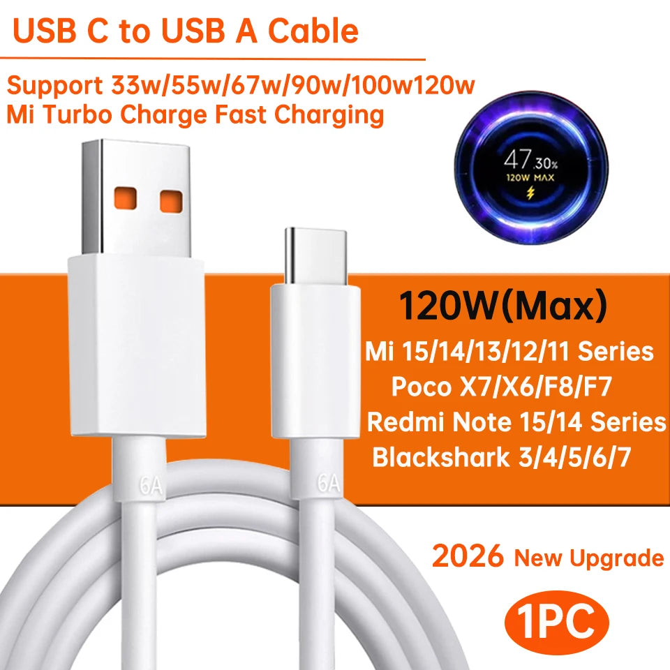Xiaomi Original Usb Type C Cable 120W 100W 90W 67W Turbo Fast Charger Mi 17 15 14 13 12 T Pro 11 Ultra Poco X6 X7 Redmi Note 10