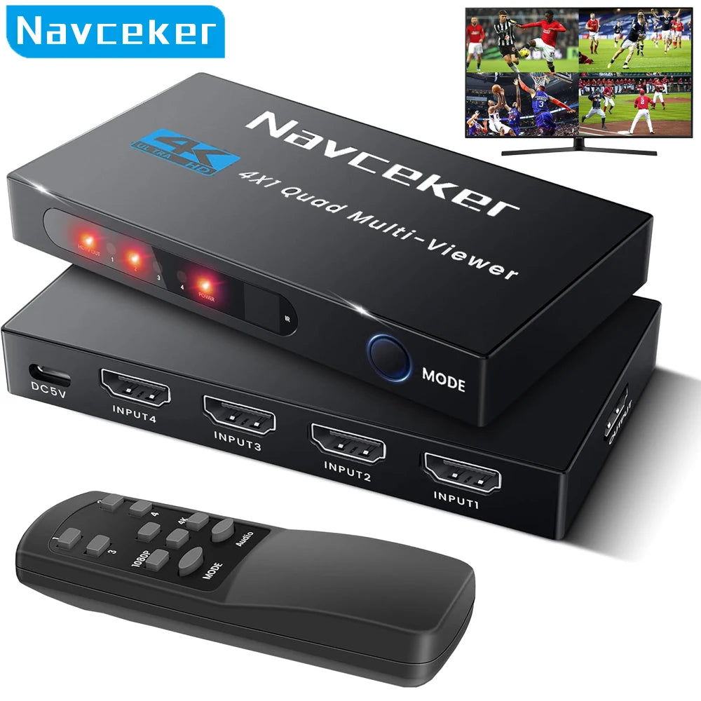 4K HDMI Quad Screen Multiviewer 4x1 1080P 4 in 1 out HDMI Multi Viewer Seamless Switcher 9 Display Modes for Camera Laptop PC TV