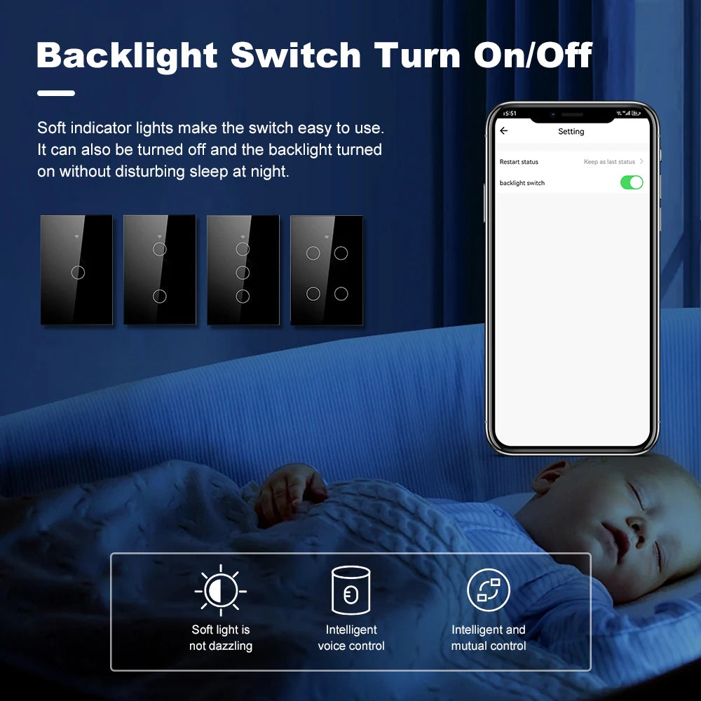 Smart Life Wifi+Bluetooth Touch Light Switch No Neutral Wire &Neutral Wire US Touch Panel Wall Switches Tuya Alexa Google Home