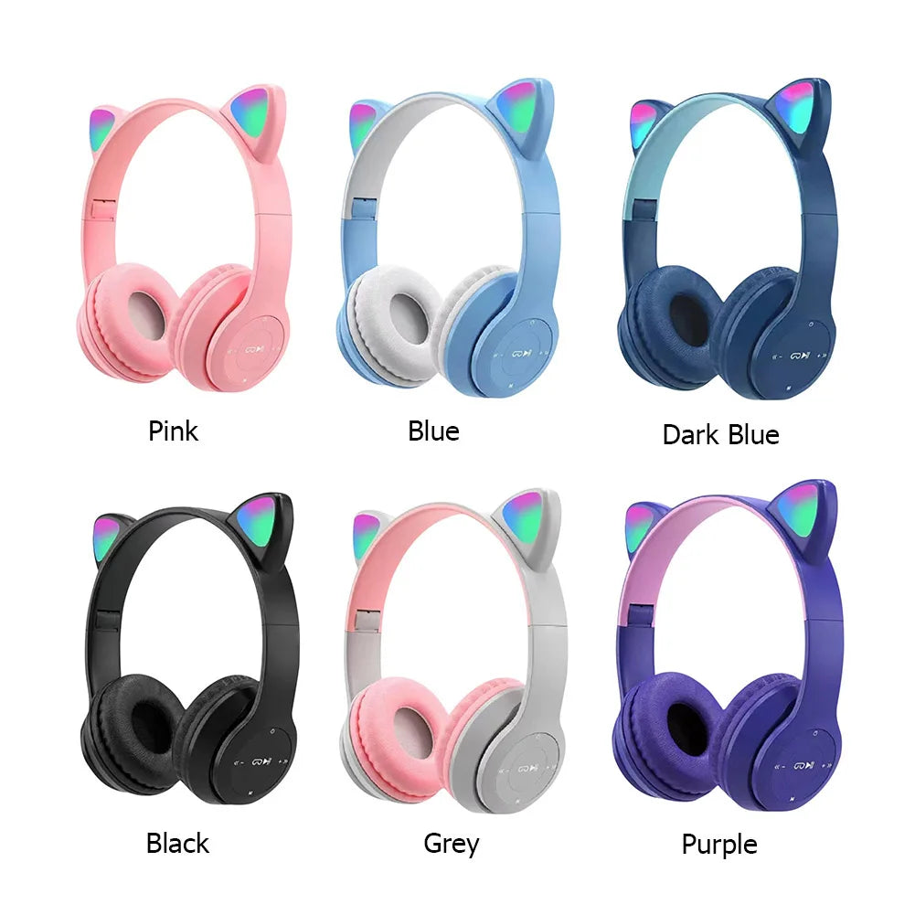 Over-Ear Headsets Cute Sports Headphones Wireless Headphones Cat Ear Bluetooth-Compatible Helmets Stereo Bass for Kids and Adult